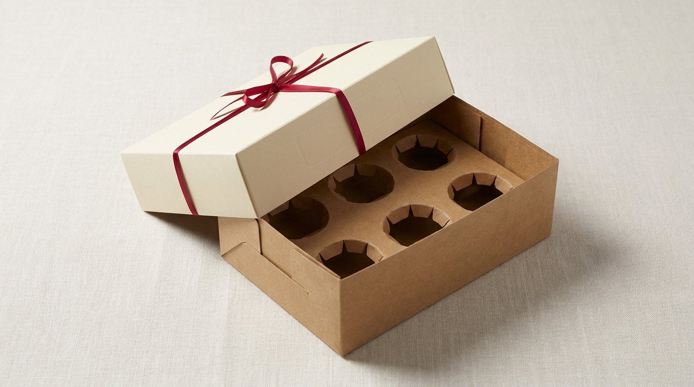 A muffin box open with an empty six-cup moulded insert