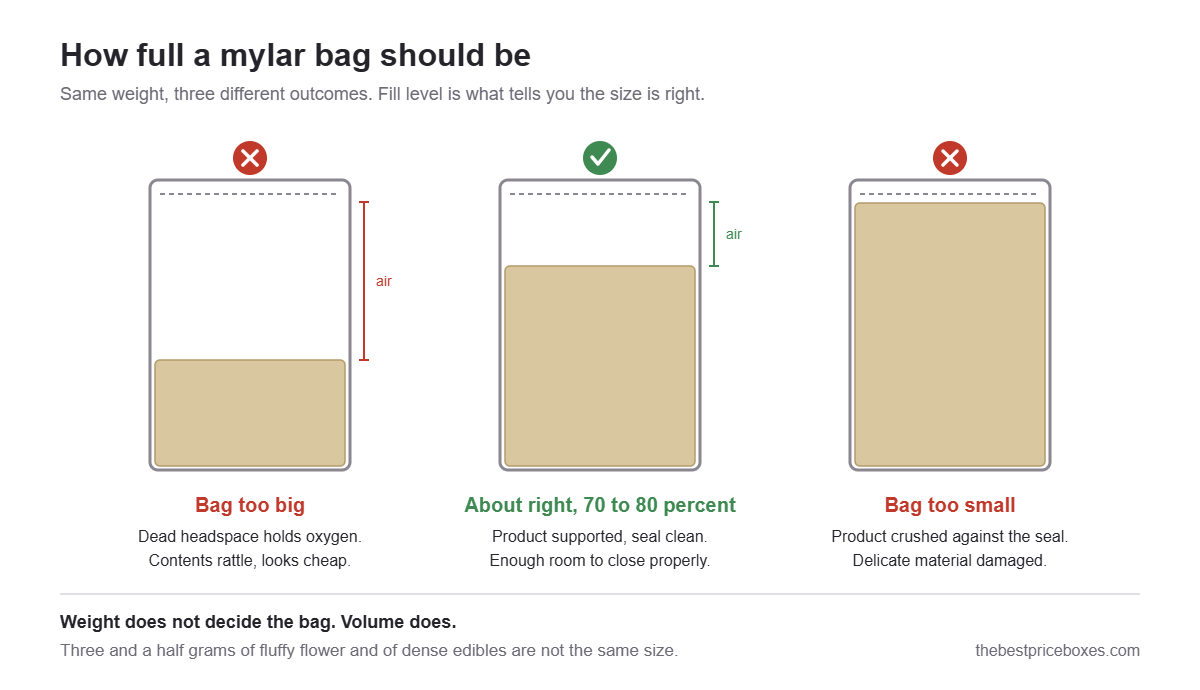 Three mylar bags showing a bag that is too big with dead headspace, a bag filled to 70 to 80 percent, and a bag that is too small crushing the product