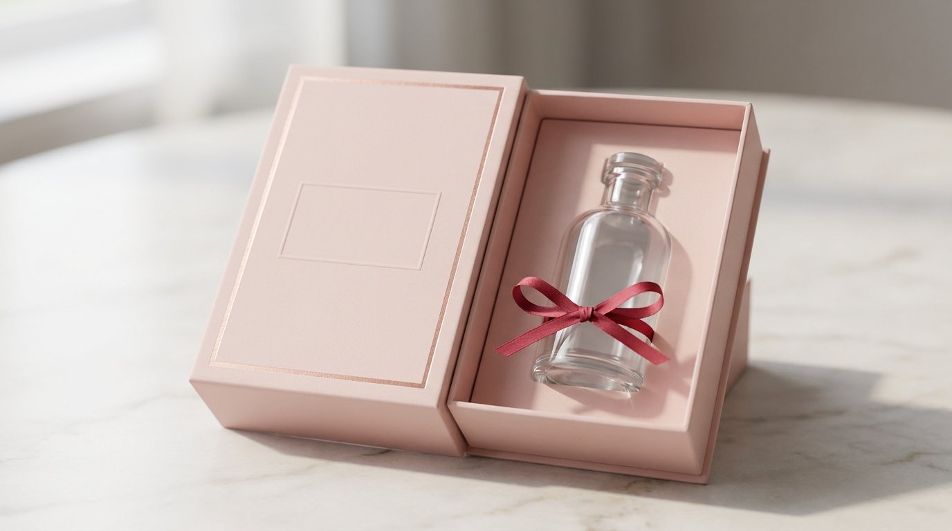 A small blush carton open with a fitted insert holding a plain bottle