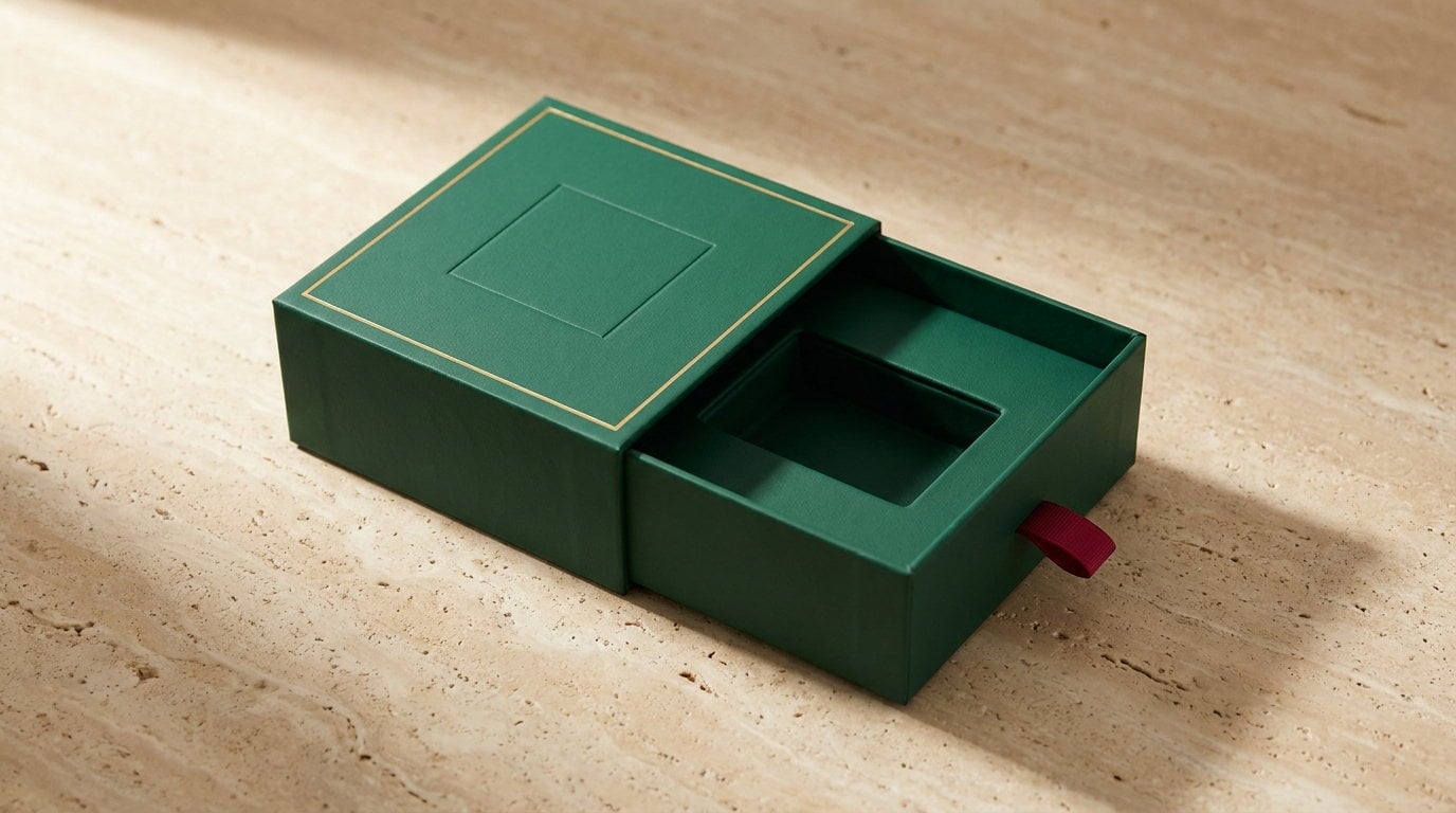 An emerald ornament box open with an empty moulded cradle