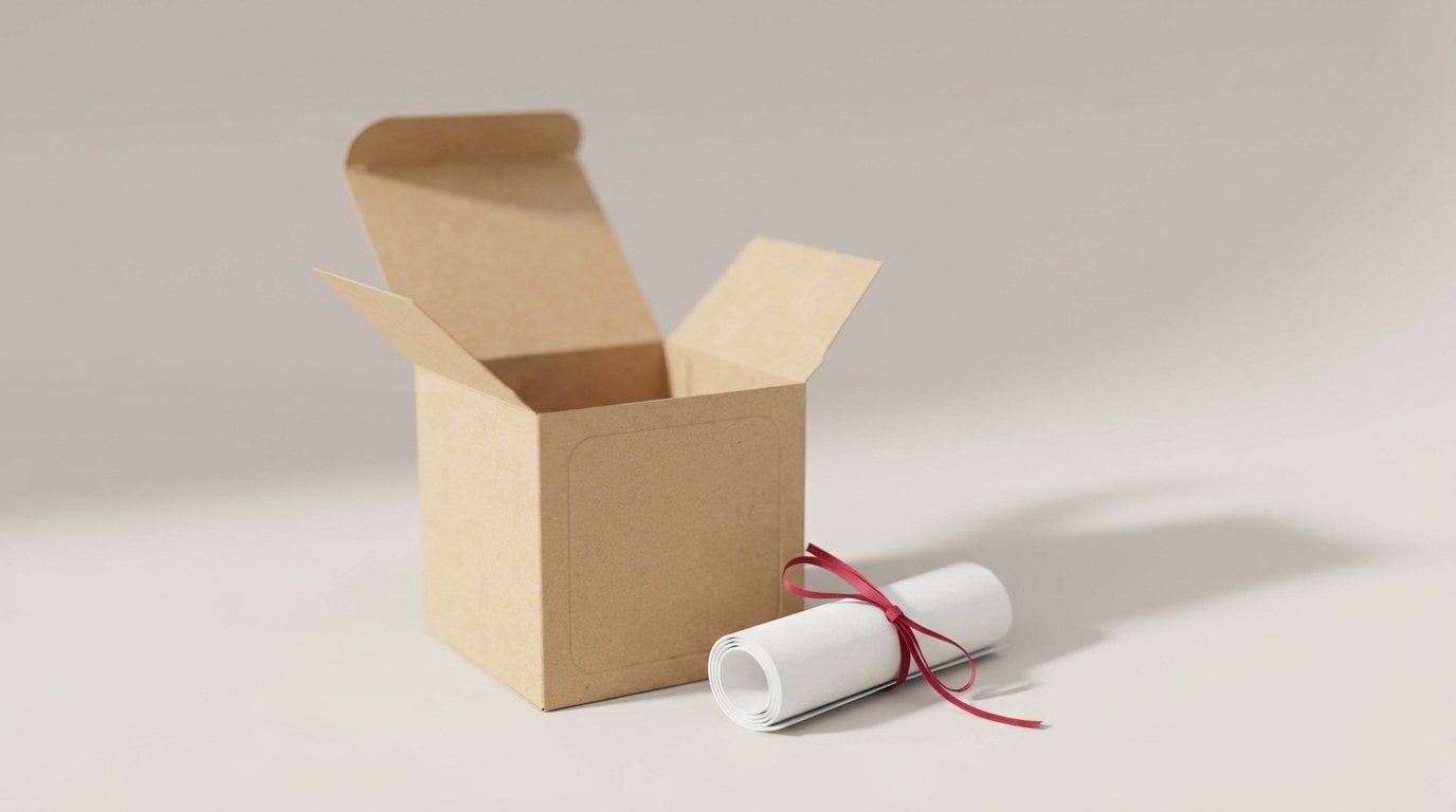 A plain kraft paper box open with its walls splayed to show the fold