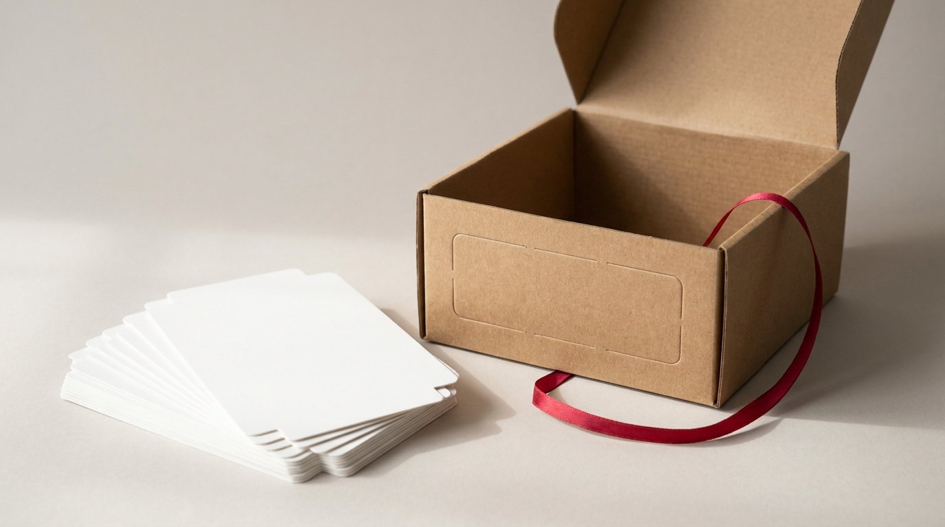 Die-cut paper inserts fanned beside an open kraft box