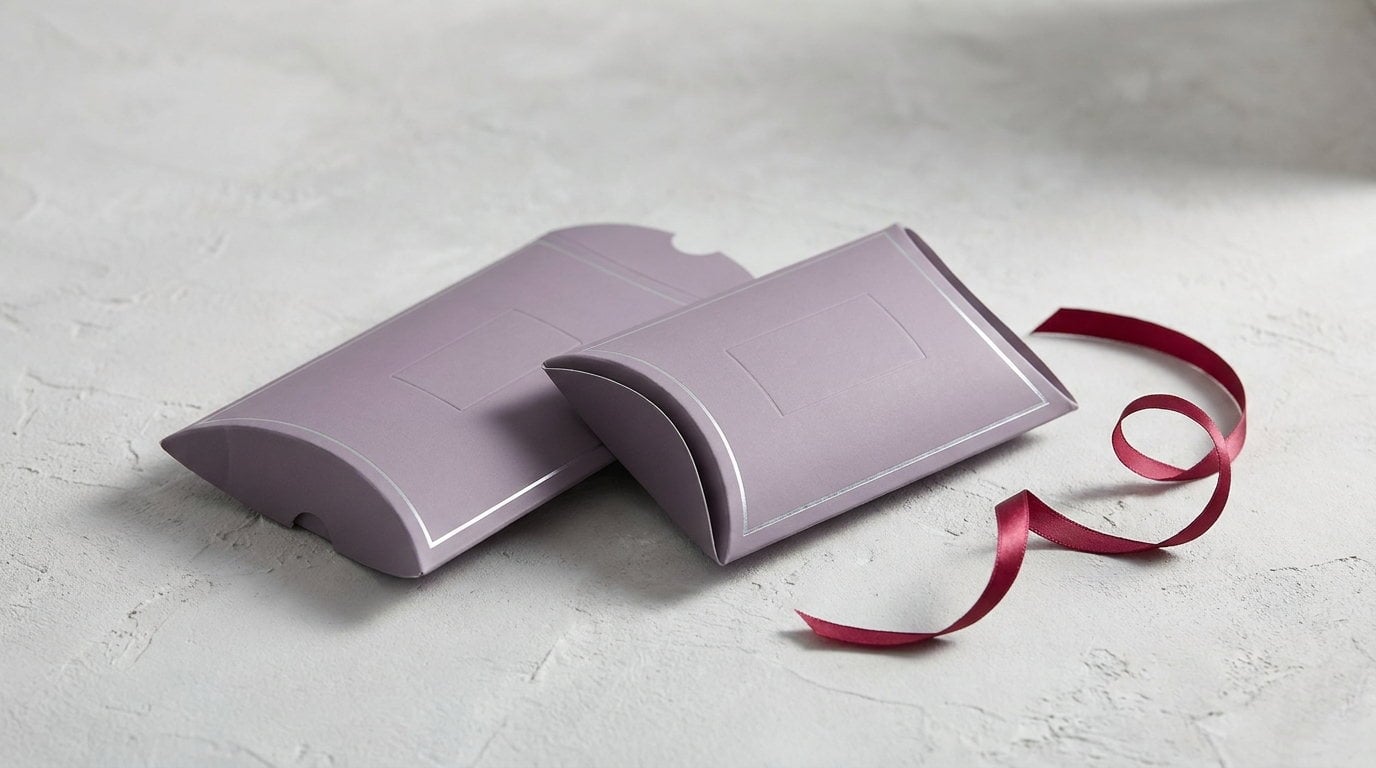 A kraft pillow box shown flat beside an identical one formed and open