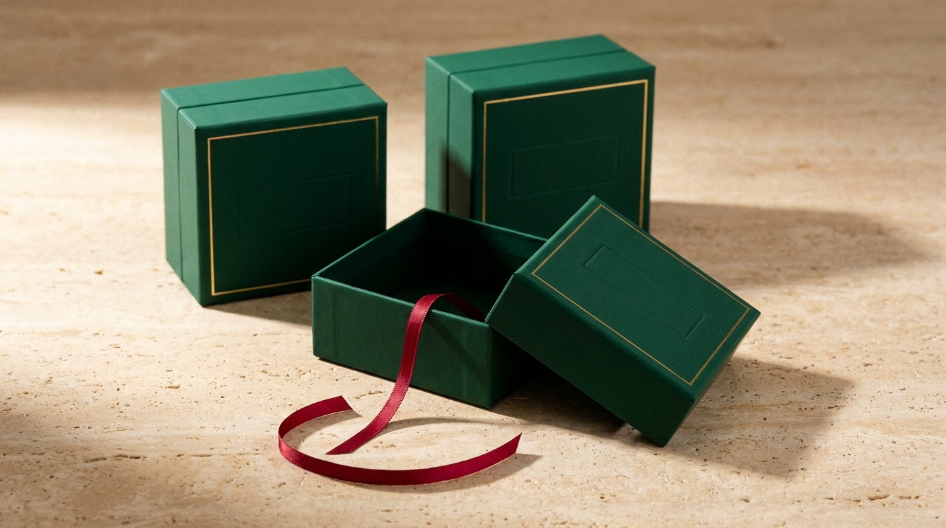 Three emerald favor boxes with the front one open and a ribbon untied