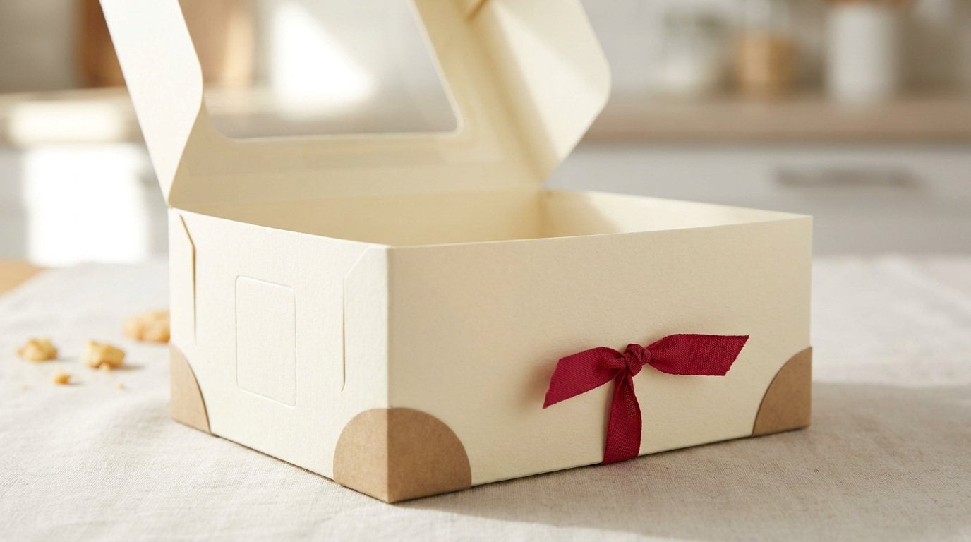 A butter cream pastry box open with a clear window in the raised lid