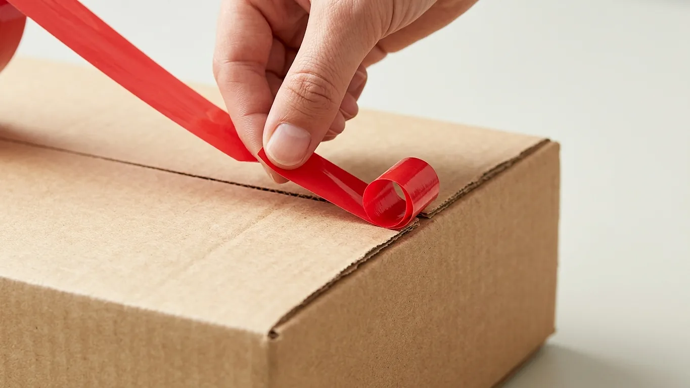 A hand peeling packing tape back on itself at a shallow angle off a kraft corrugated box.