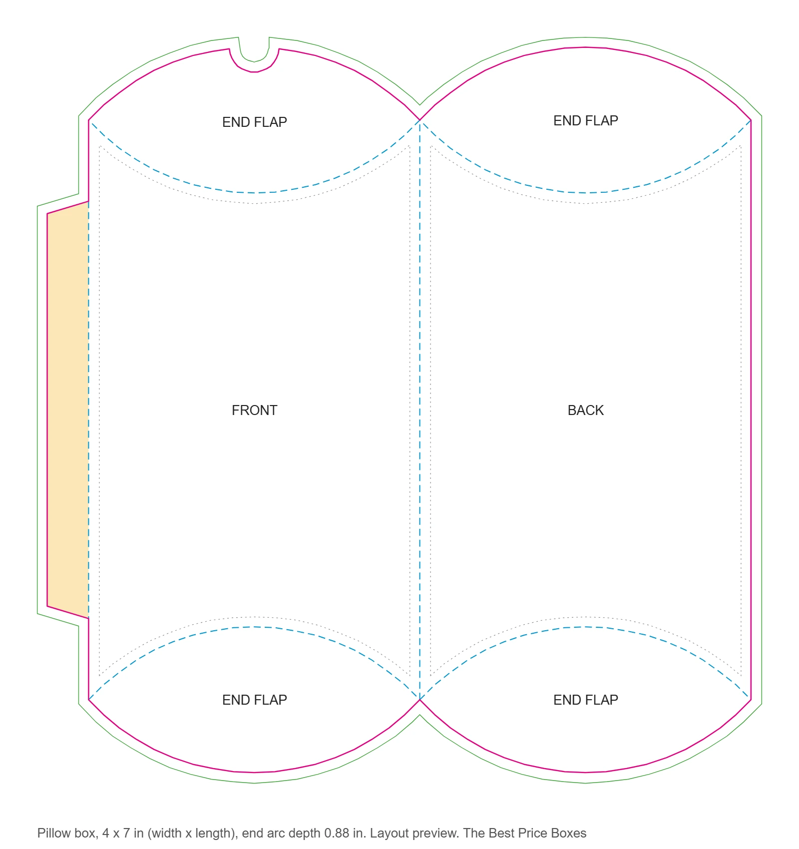 Pillow box dieline template showing two panels, curved end flaps, glue flap, cut, crease, bleed and safe zone lines