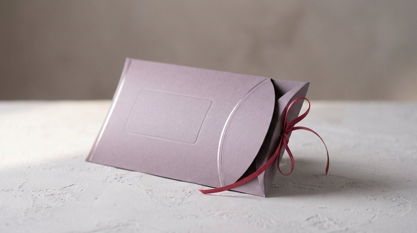 A lavender pillow box open at one curved end