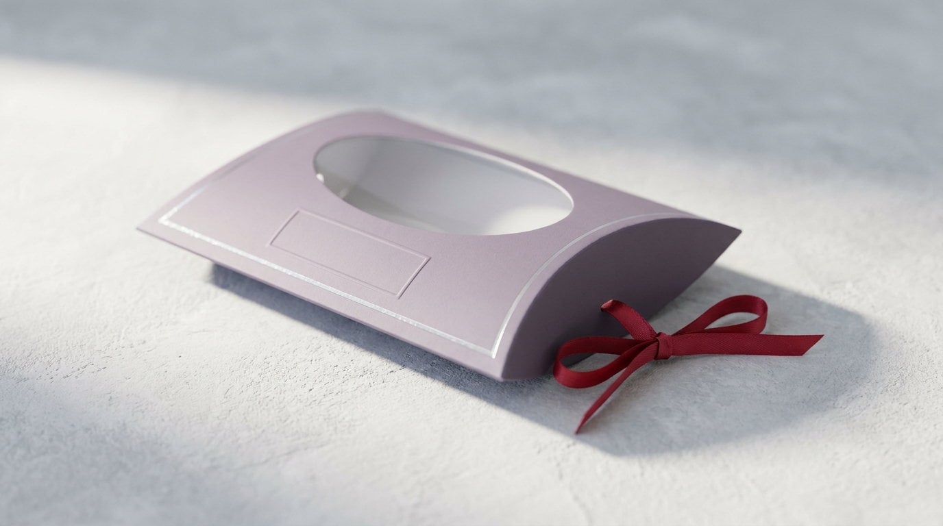 A lavender pillow box with a clear oval window, open at one end