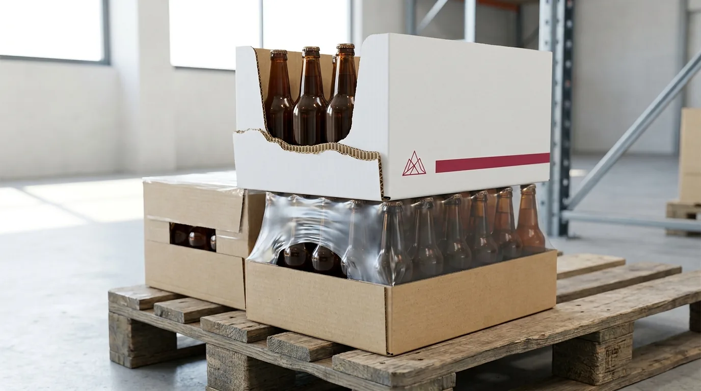 Corrugated shrink tray, display tray and layer tray for bottles on a pallet corner