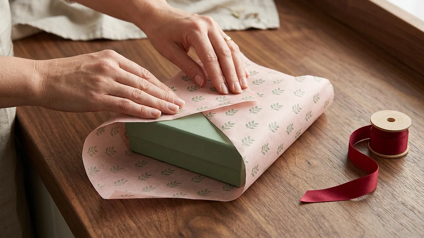 Hands folding printed blush tissue over a small sage gift box as a parcel is packed.