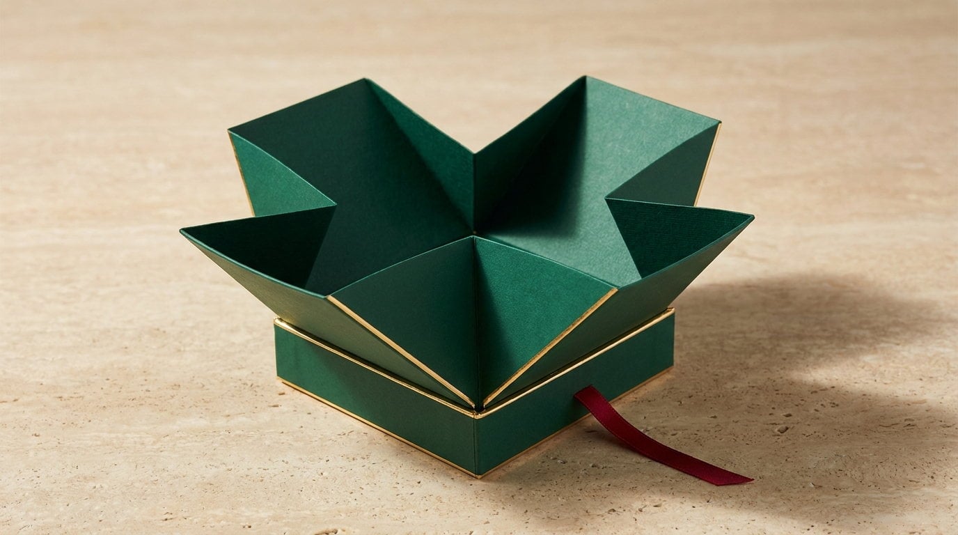 An emerald pyramid box with the top tucks opened outward