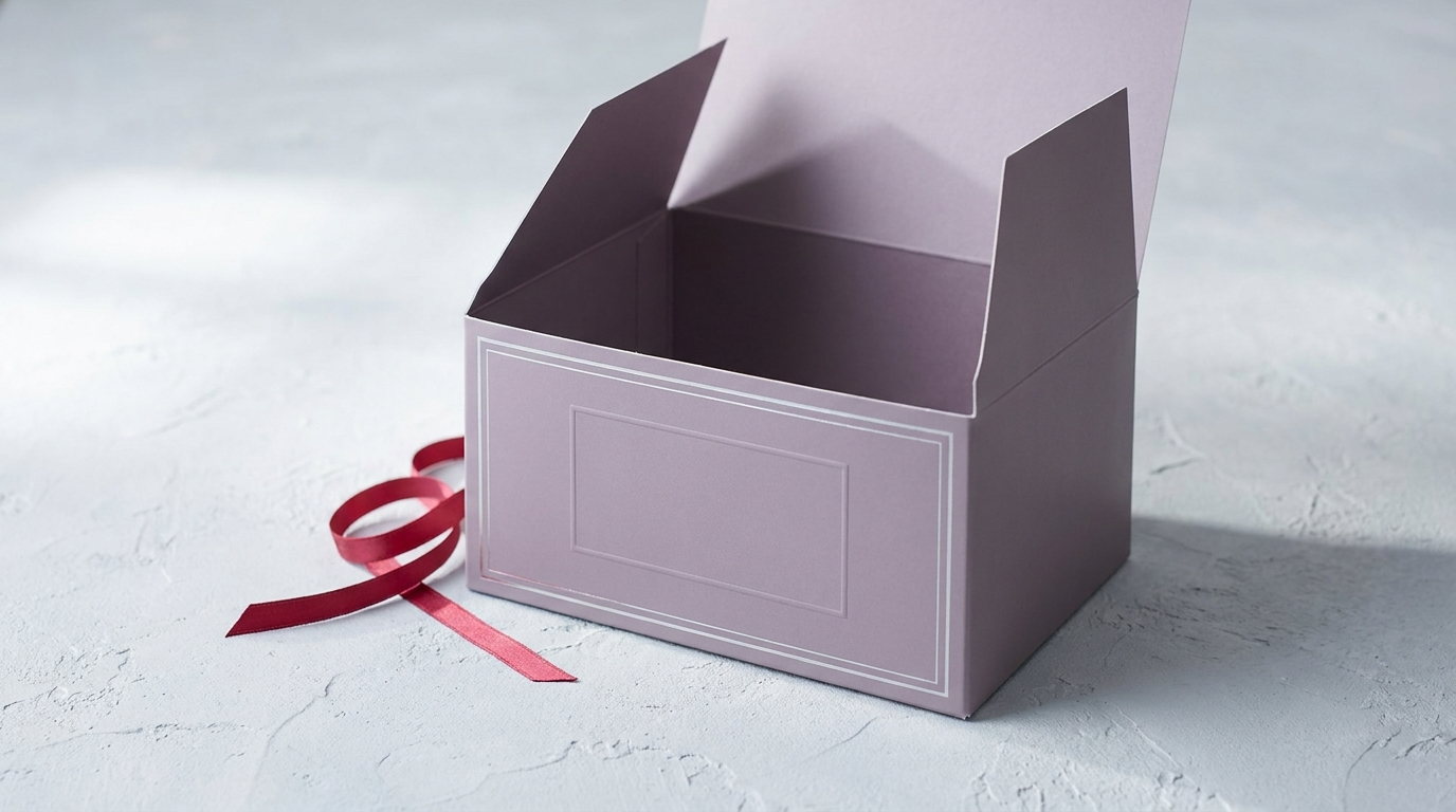 A crimson gable box open at the top with the handle spread