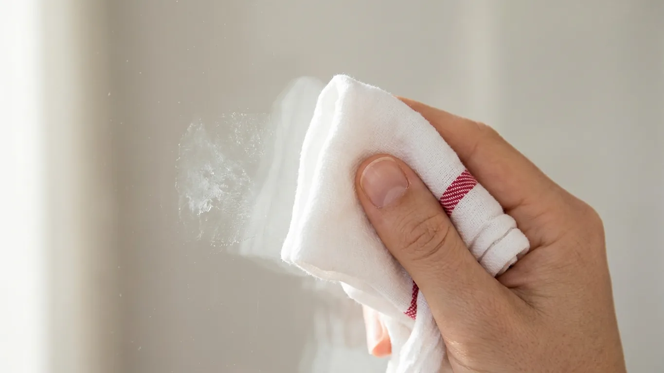 A folded cloth pressed against glass beside a cloudy patch of leftover adhesive.