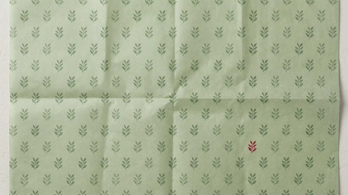 Overhead flat lay of sage printed tissue with a botanical motif offset row by row rather than on a grid.