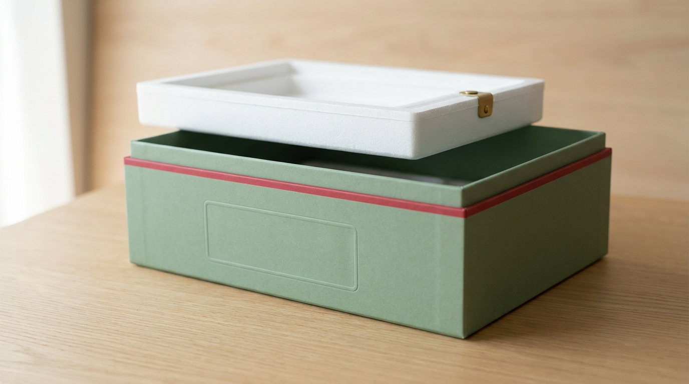 A sage diagnostic carton with a rigid foam insert lifted clear