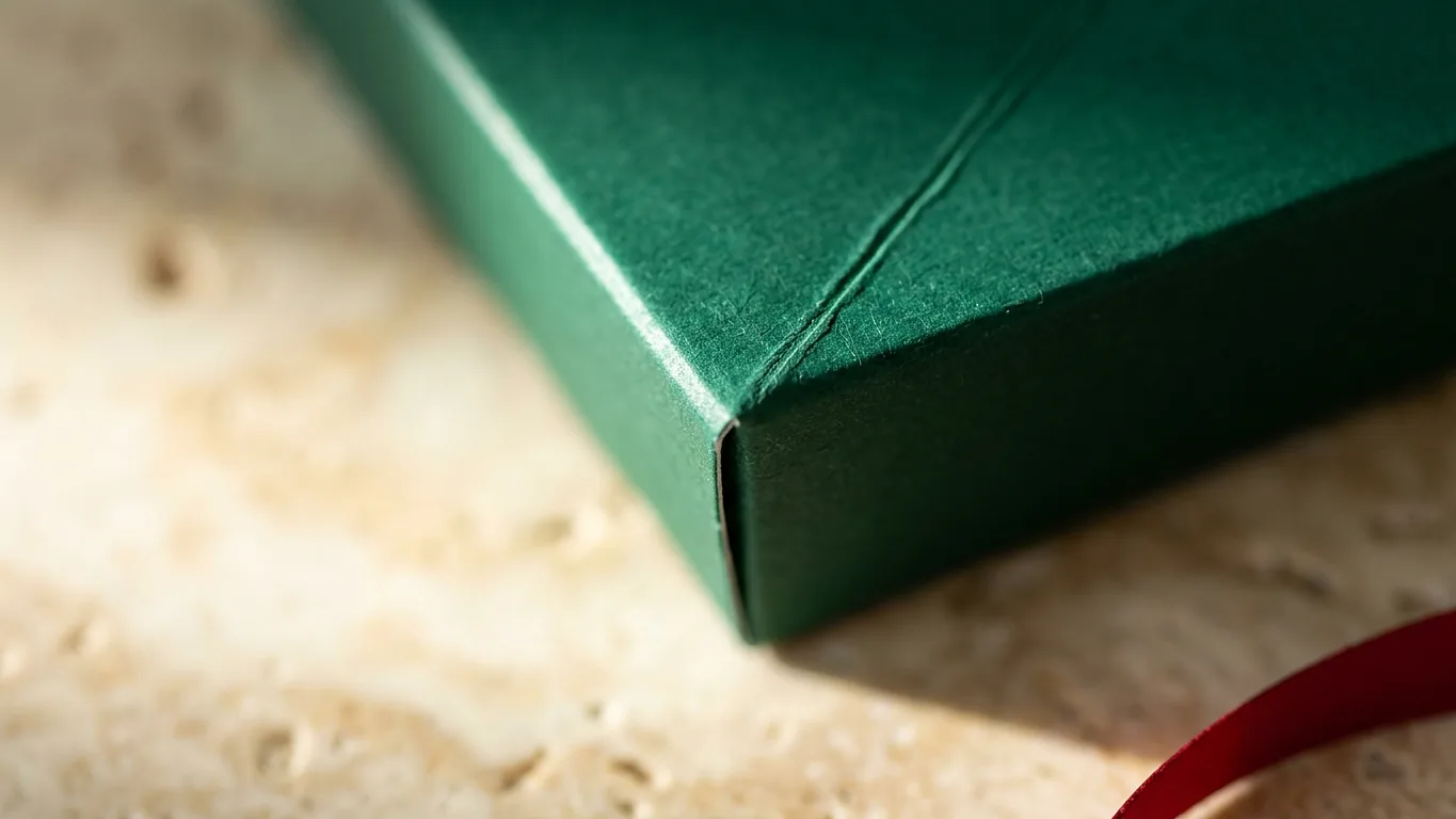Macro of a scored crease on an emerald carton, the clean fold that stops dark ink cracking.