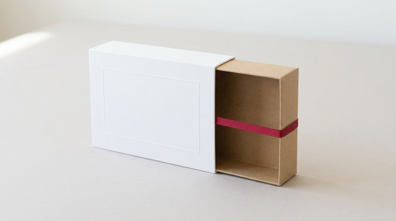 A white sleeve box with the inner tray pushed two thirds out
