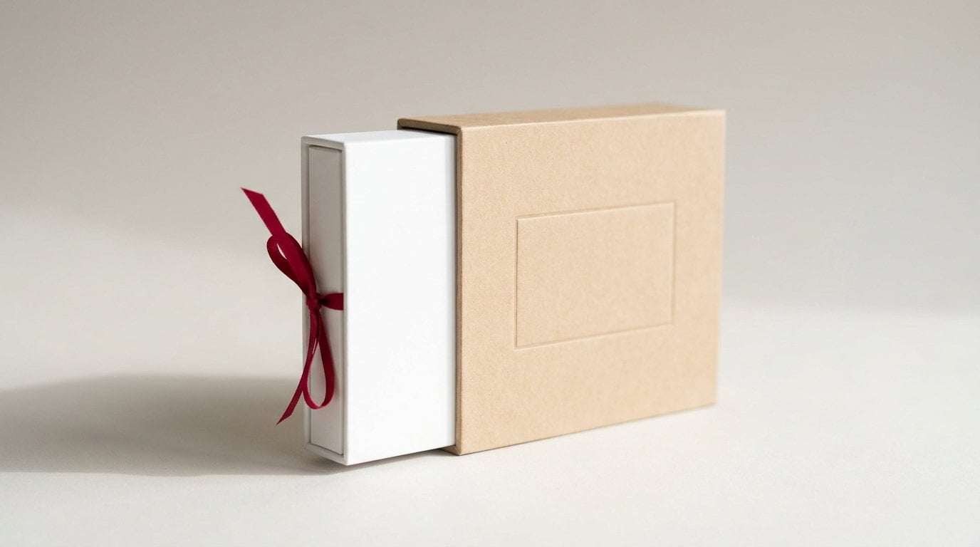 A kraft slip case with the inner box drawn halfway out