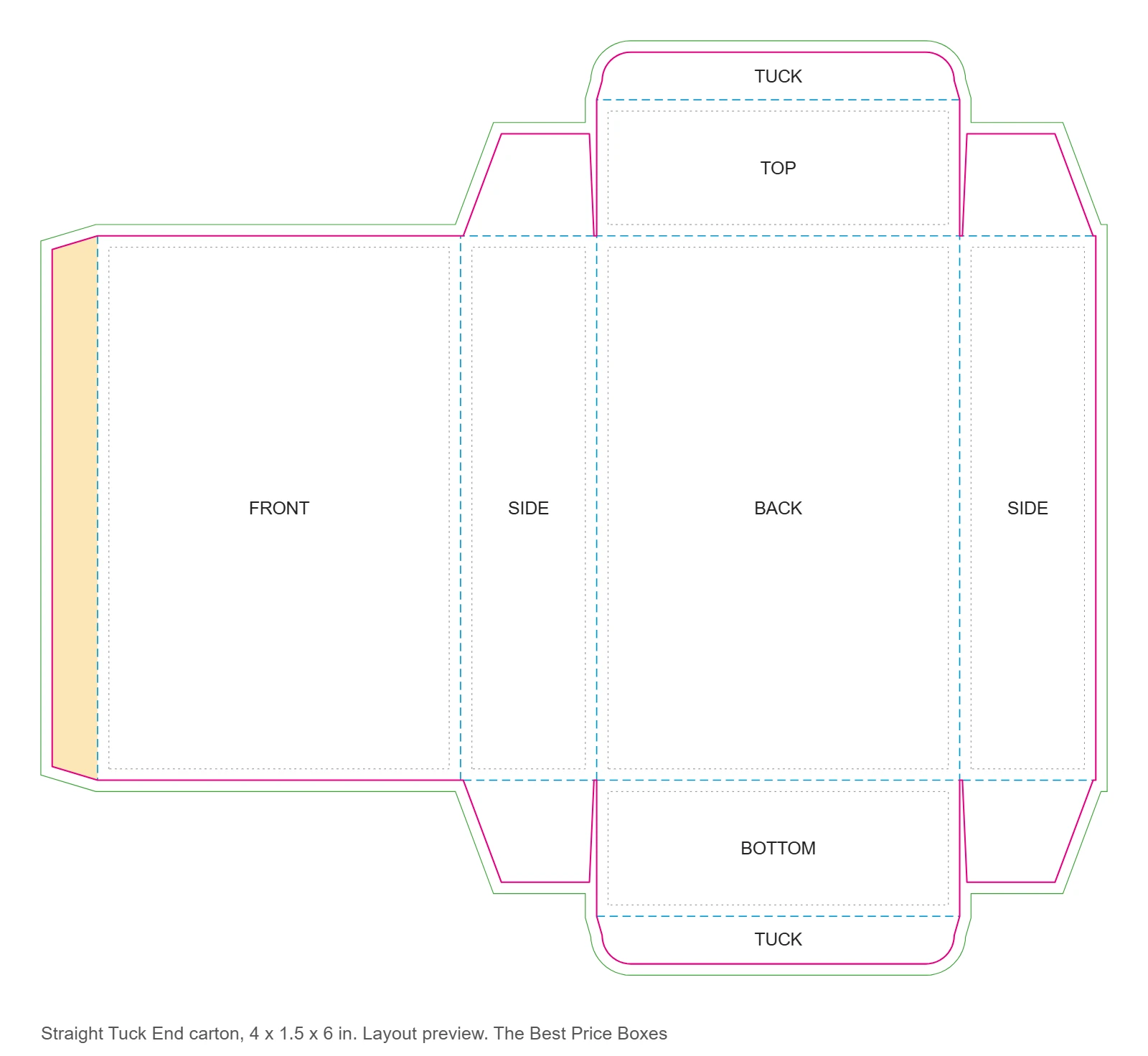 Straight tuck end box dieline template showing four panels, glue flap, top and bottom tuck closures, dust flaps, cut and crease lines