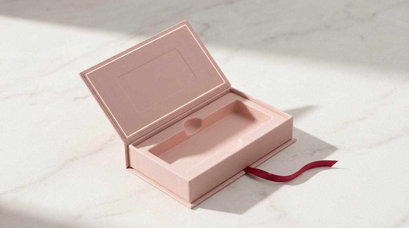 A blush rigid sunglass case open on its hinge