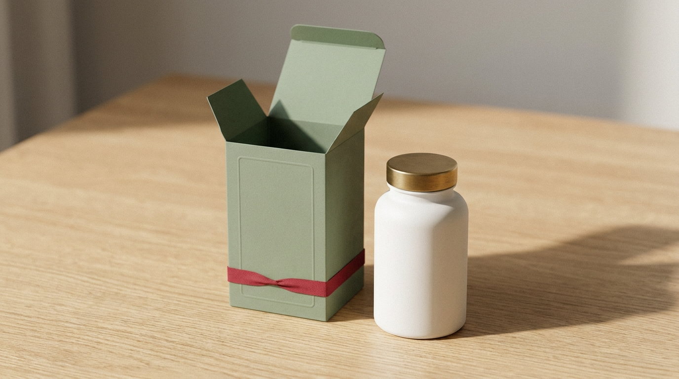 A sage supplement carton open with a plain bottle beside it
