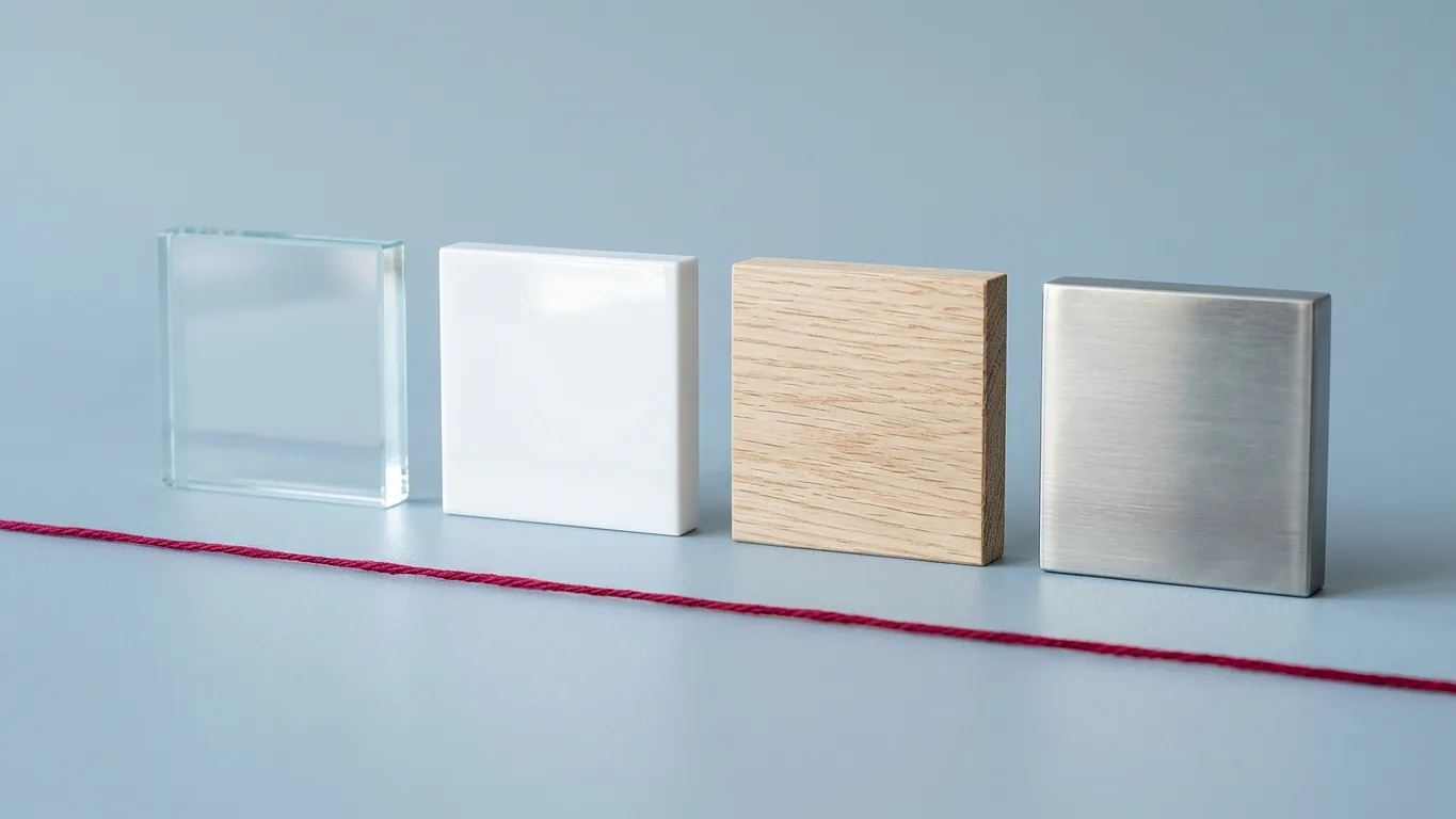 Samples of glass, gloss plastic, oak and brushed stainless in a row on a blue grey surface.