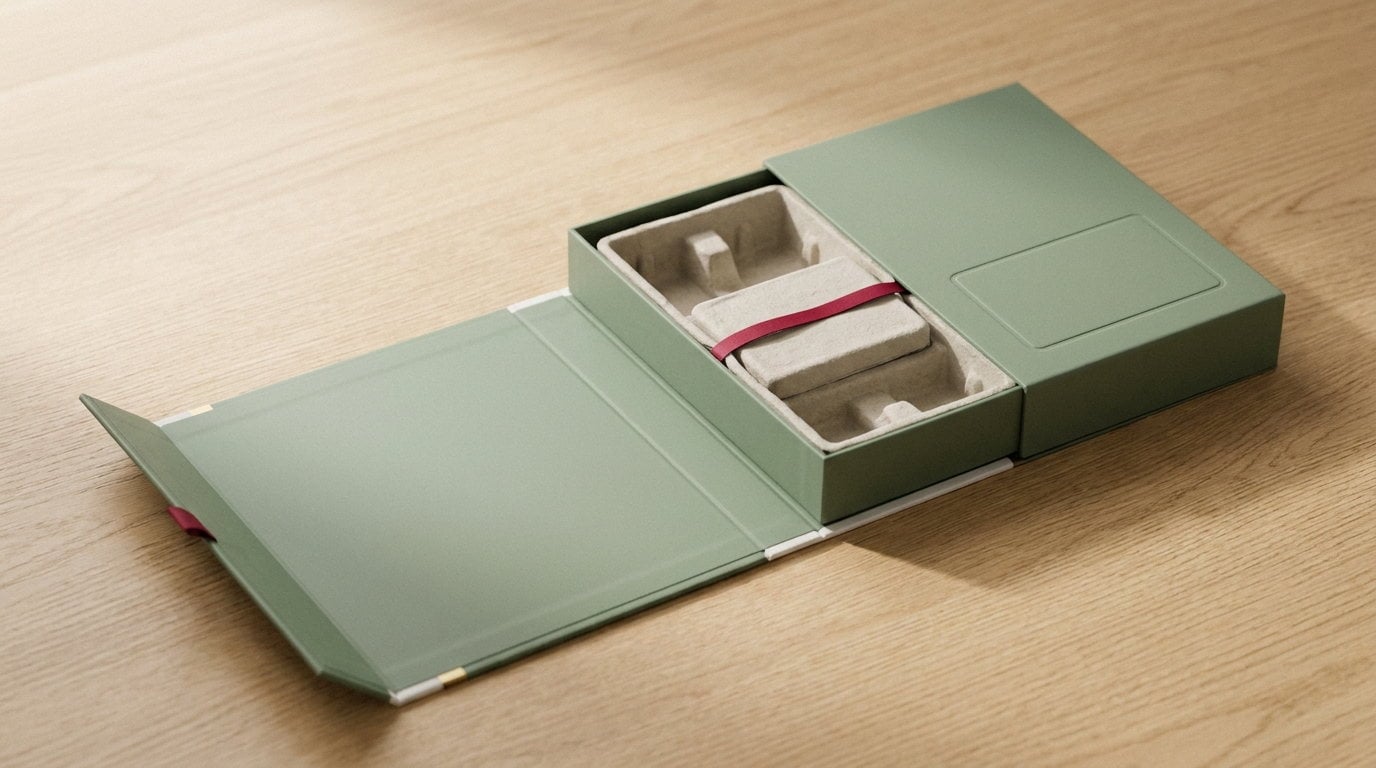 A sage test kit box open flat with empty compartment inserts