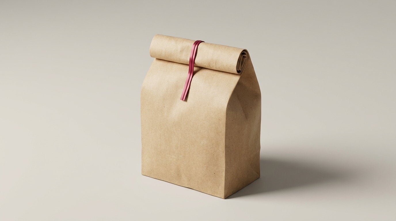 A kraft tin tie bag with the top rolled and the wire tie folded down
