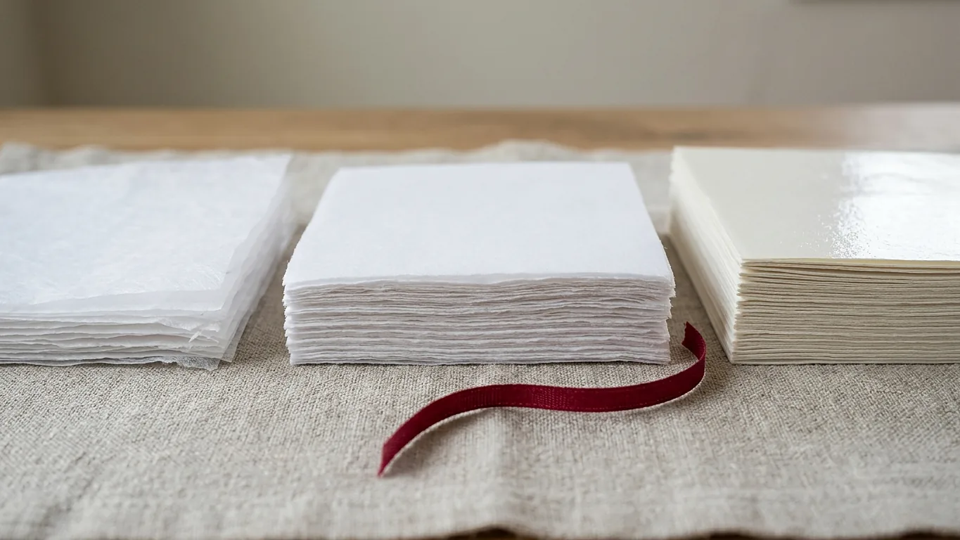 Three stacks of tissue paper at different weights, from thin translucent stock to a machine glazed sheet.