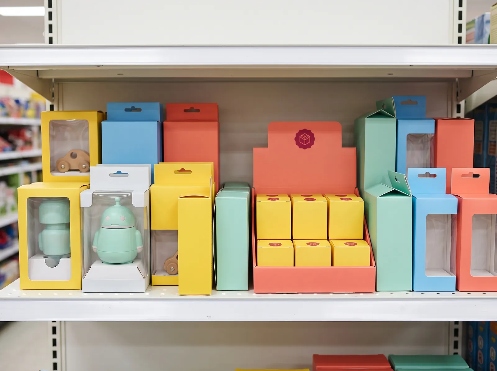 Store shelf of toy boxes in yellow, blue, coral and mint: window boxes, hang tab boxes and a blind box display