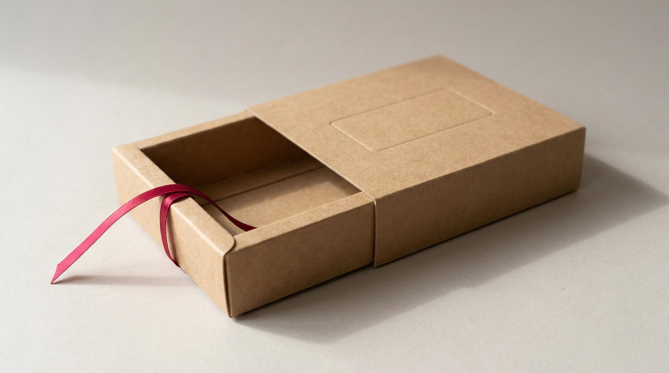 A kraft tray box with its sleeve slid half off