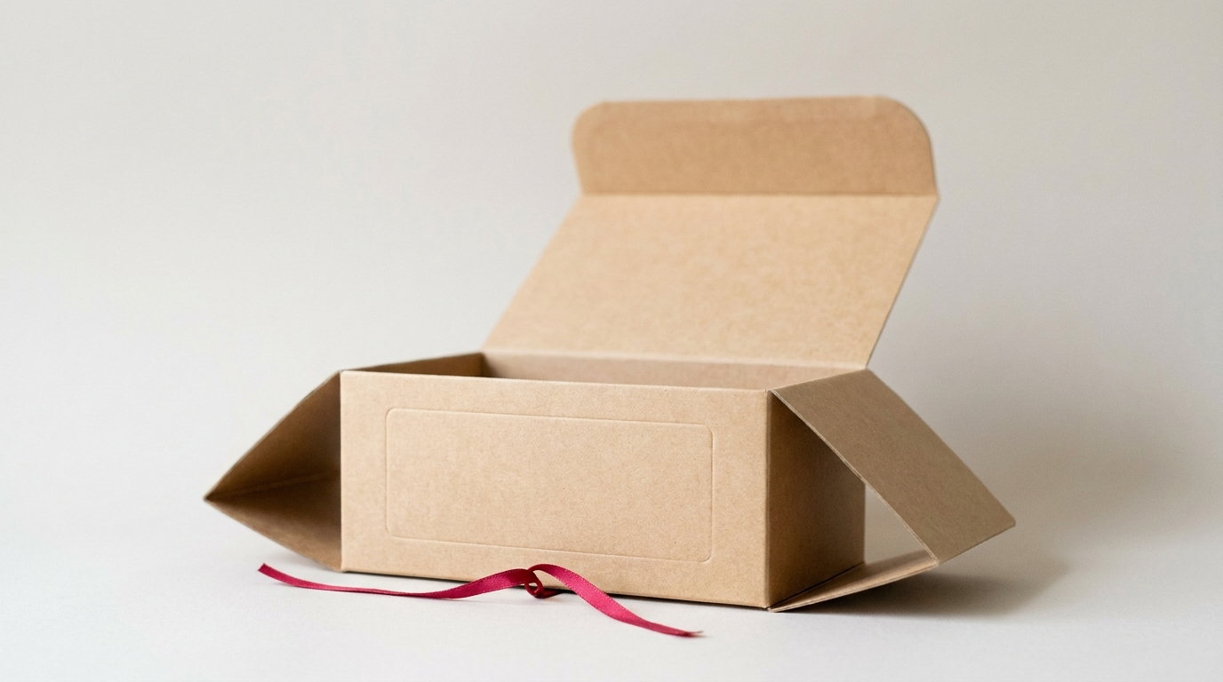 A kraft tuck top box open with the lid tucked behind the rear wall