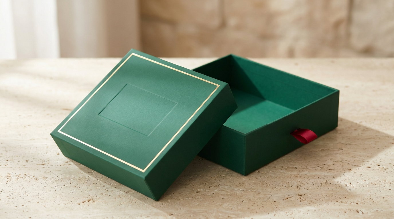An emerald two-piece box with the lid set down beside the base