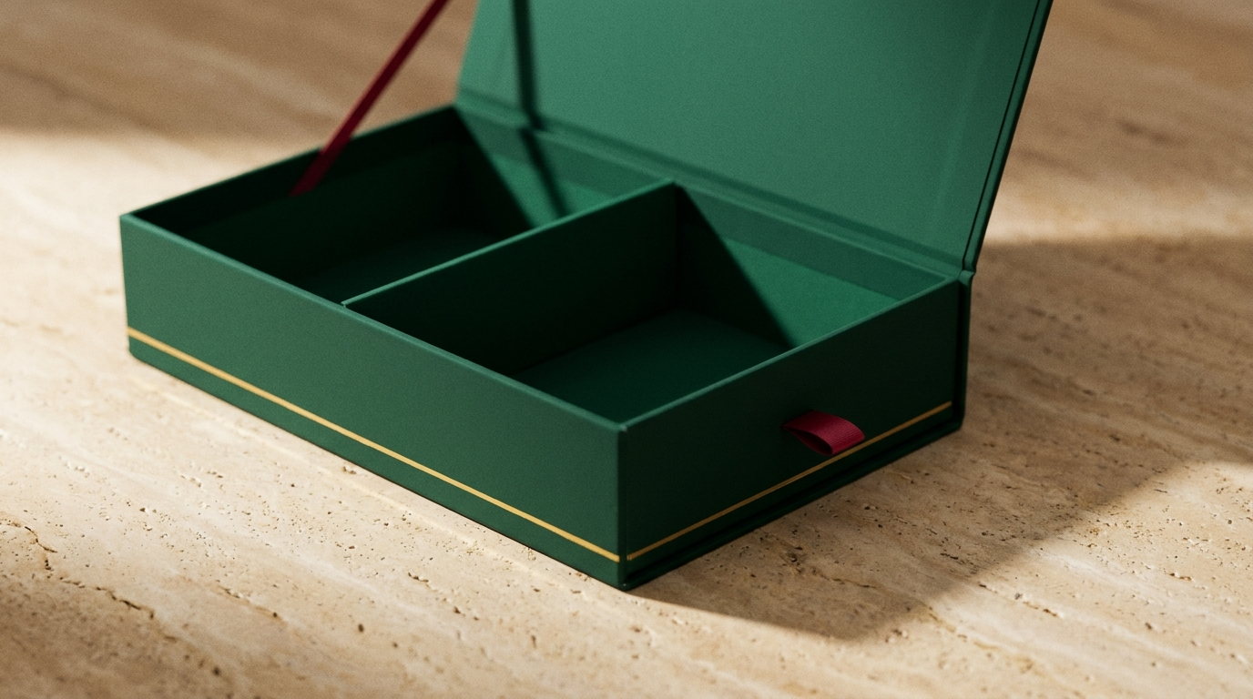 An emerald treat box open with an empty divider insert