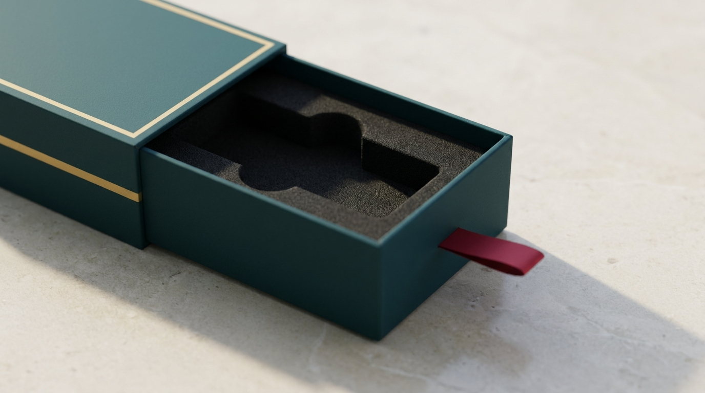 A teal vape carton open with an empty foam cradle