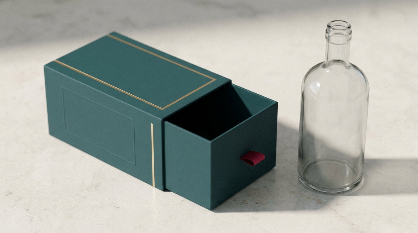 A small teal carton open with a plain glass bottle beside it