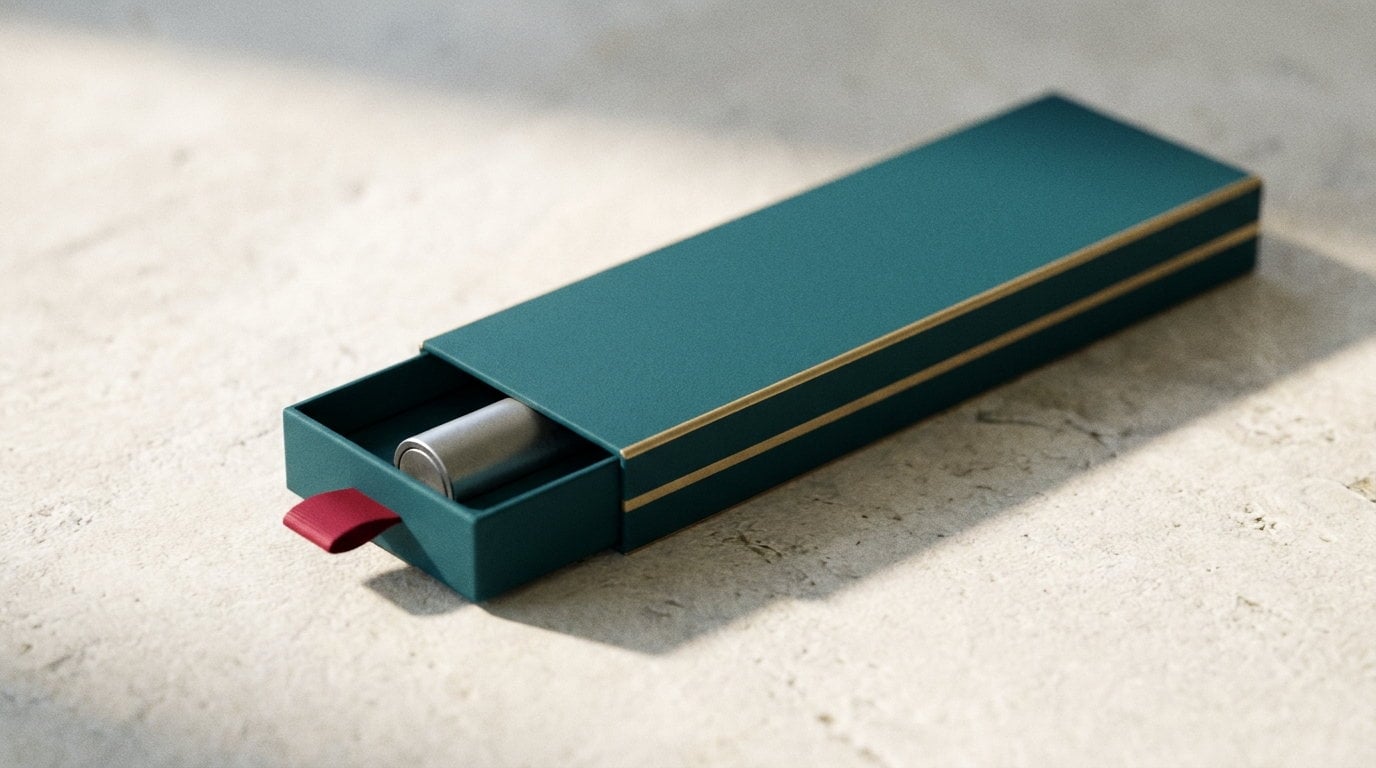 A slim teal carton with a plain pen device half drawn out