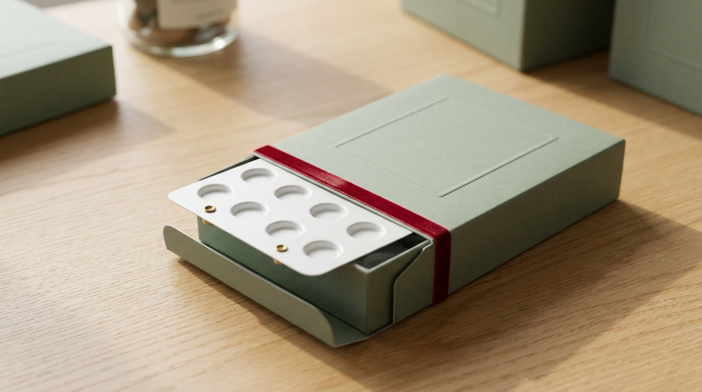 A sage vitamin carton open with a blister strip across the opening