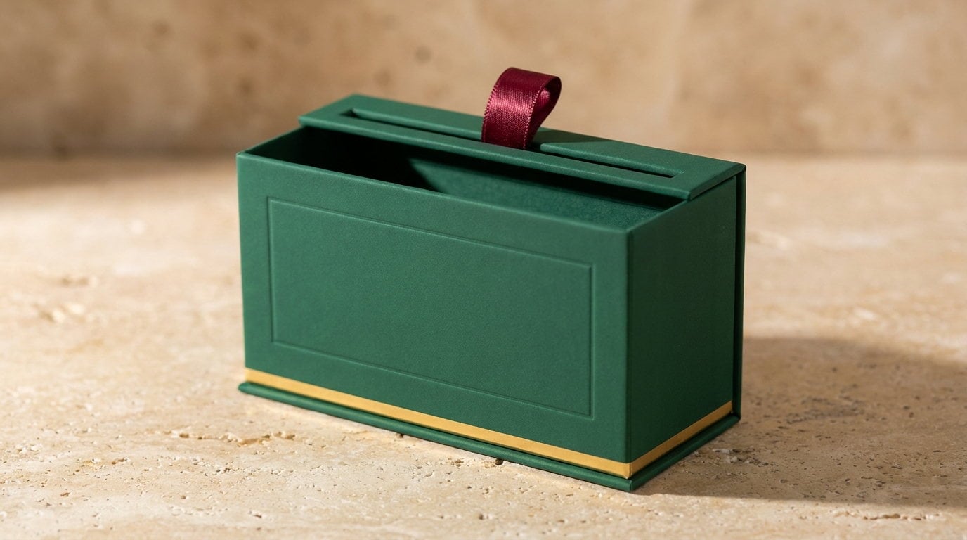 An emerald wedding card box open at the slotted top