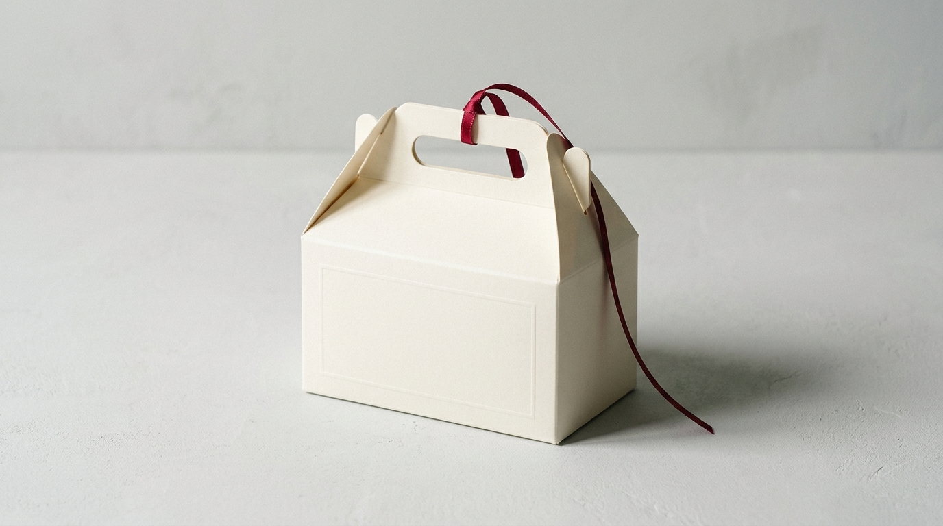 An ivory gable box open with a crimson ribbon threaded through the handle