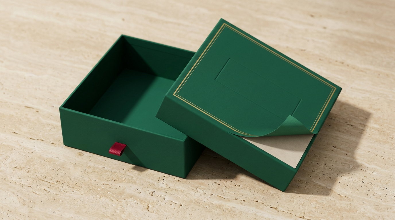 An emerald wrap box open with the wrapped outer sheet lifted at a corner