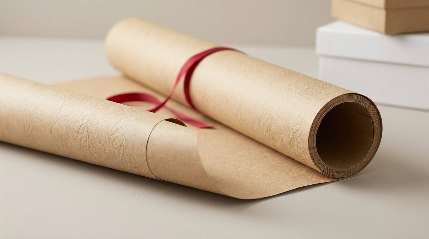 A part-unrolled sheet of patterned wrapping paper curling on a pale surface