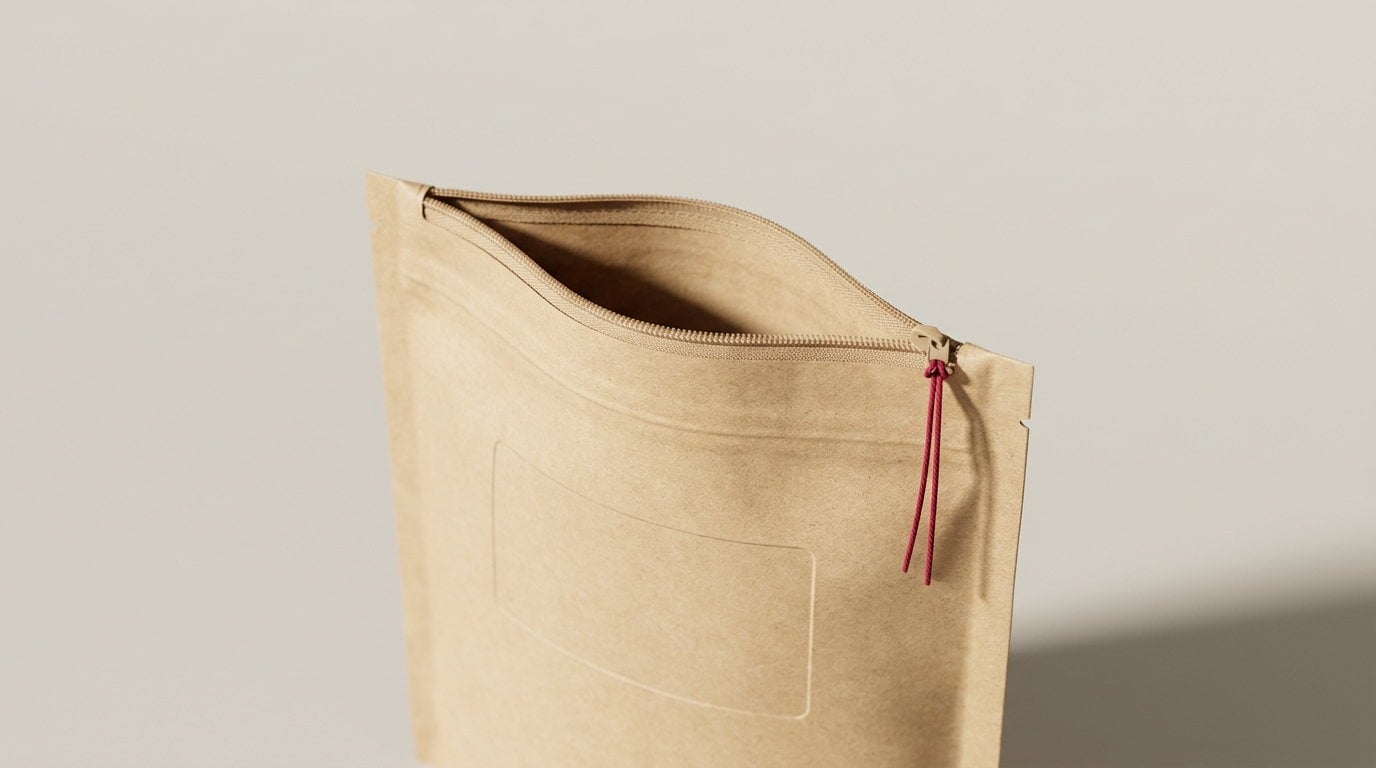 A kraft zip lock paper bag standing open with the zipper track in view